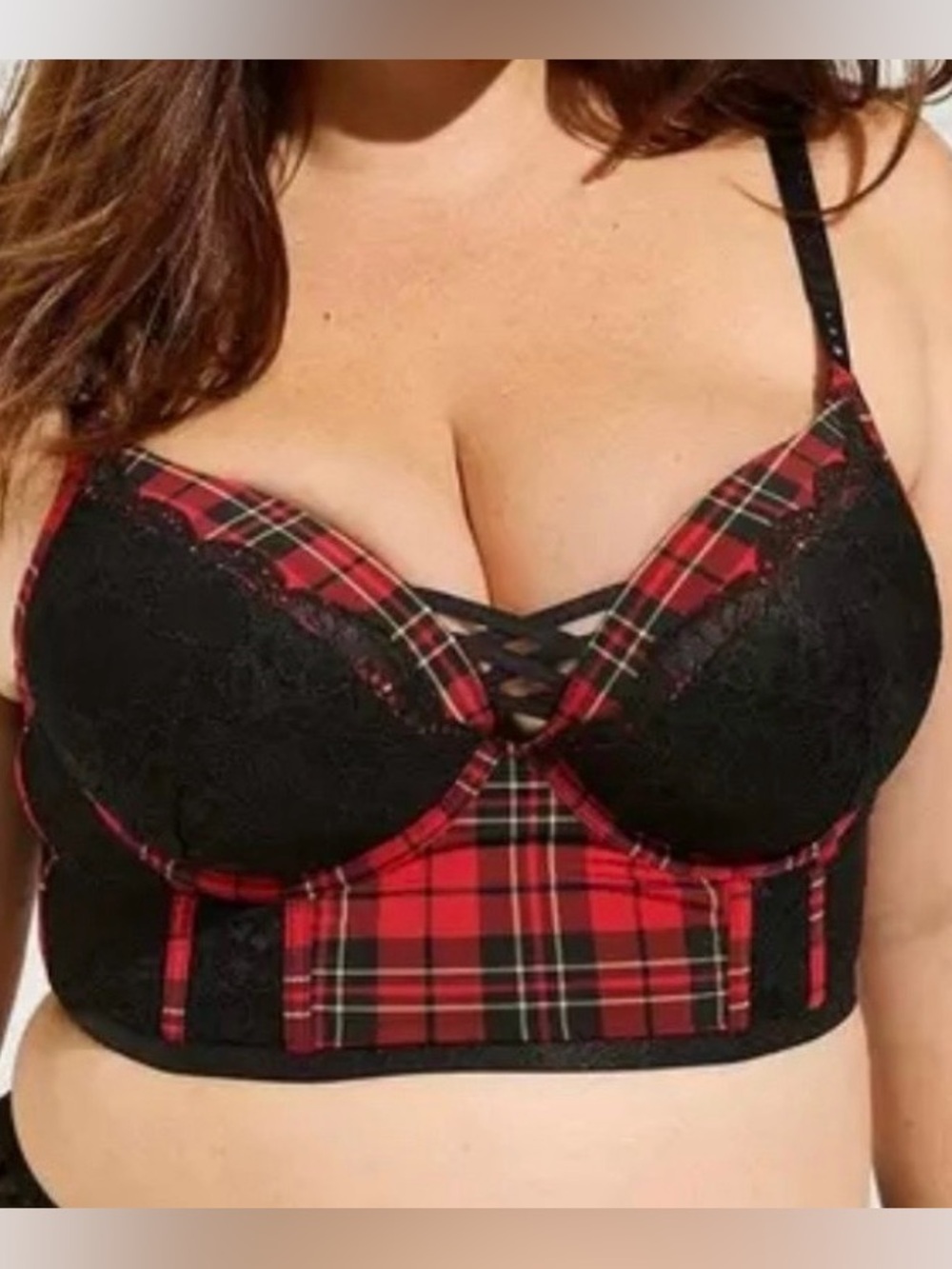 Torrid XO Plunge Push-Up Bra Noelle Red Lace Tartan Plaid 40DD Sexy Whimsigoth